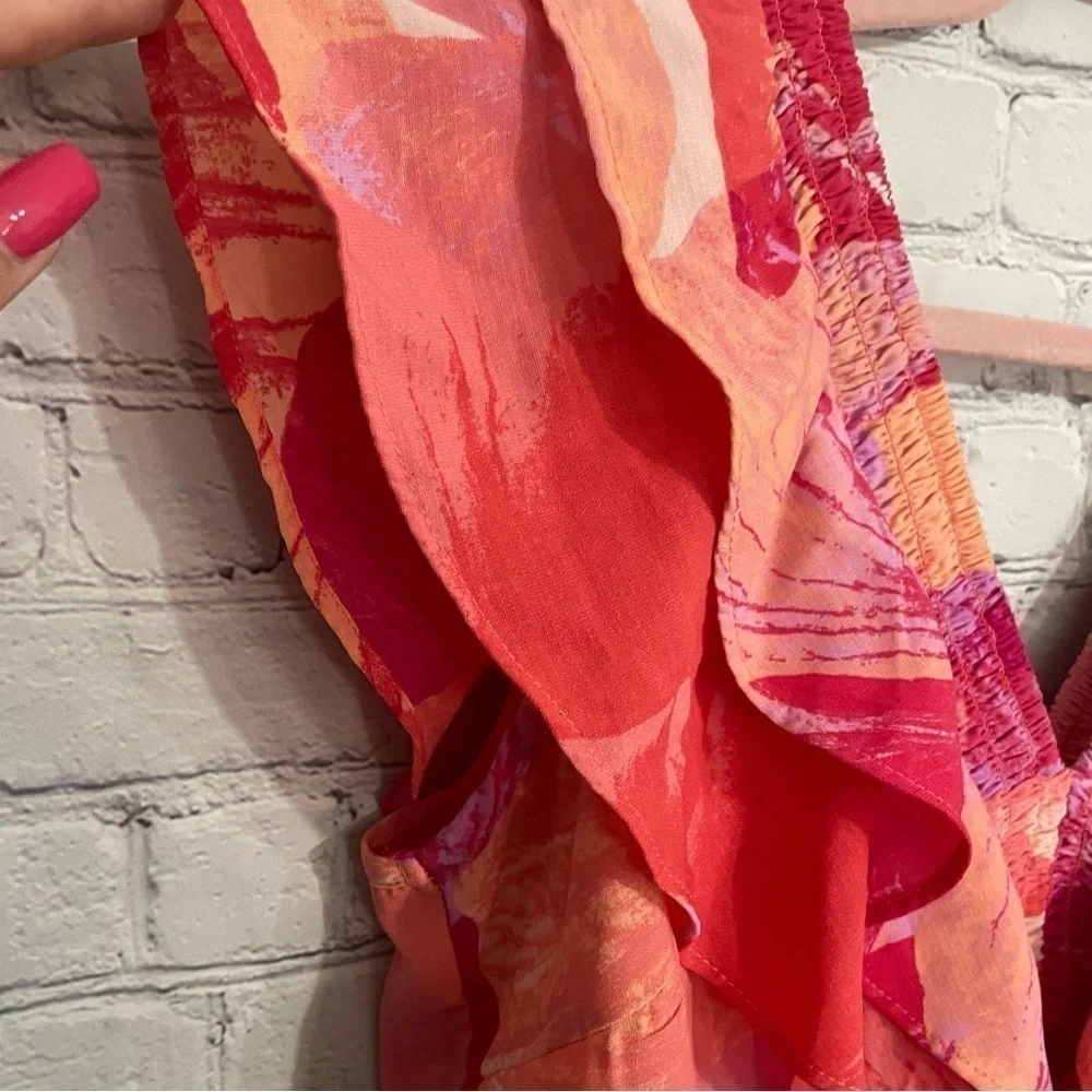 Pink Orange Purple Ruffle Summer Deep V- Neck Top Size Medium - Picture 5 of 7